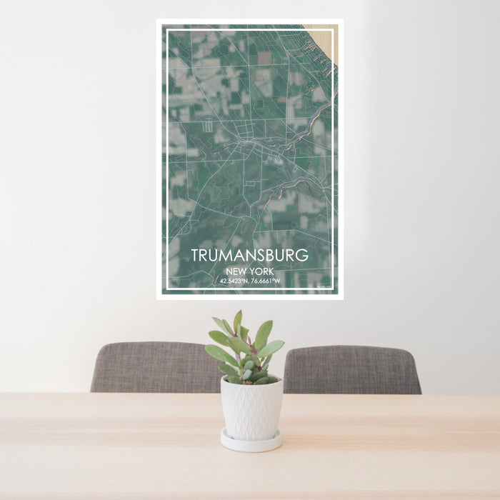 24x36 Trumansburg New York Map Print Portrait Orientation in Afternoon Style Behind 2 Chairs Table and Potted Plant