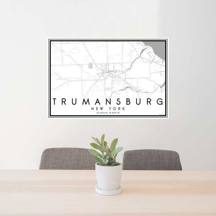 24x36 Trumansburg New York Map Print Lanscape Orientation in Classic Style Behind 2 Chairs Table and Potted Plant