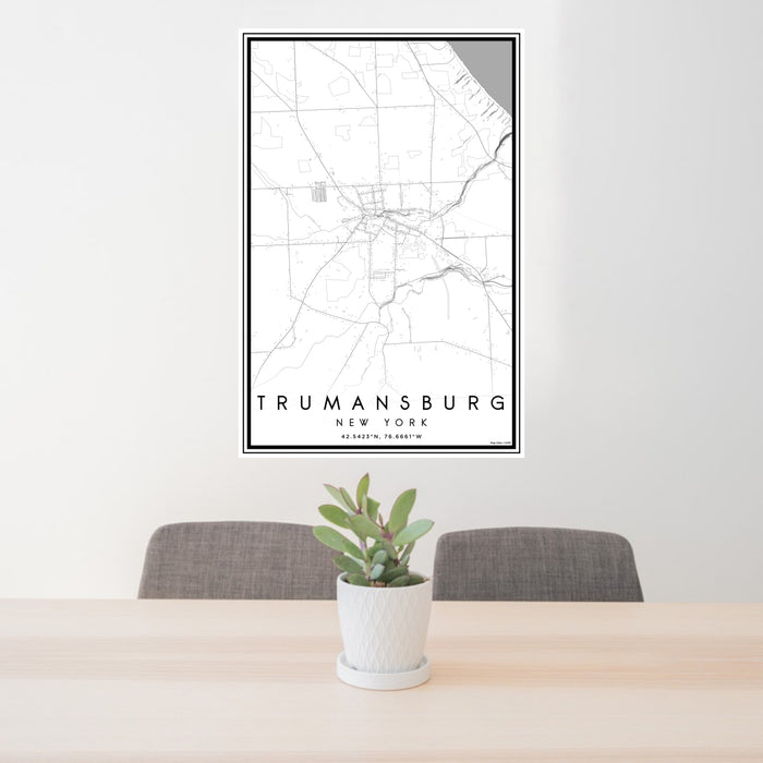 24x36 Trumansburg New York Map Print Portrait Orientation in Classic Style Behind 2 Chairs Table and Potted Plant