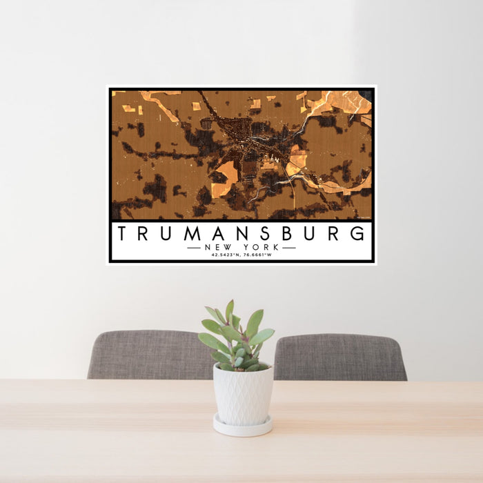 24x36 Trumansburg New York Map Print Lanscape Orientation in Ember Style Behind 2 Chairs Table and Potted Plant