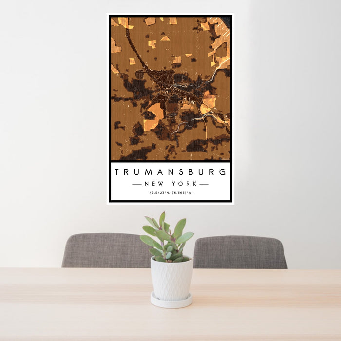 24x36 Trumansburg New York Map Print Portrait Orientation in Ember Style Behind 2 Chairs Table and Potted Plant