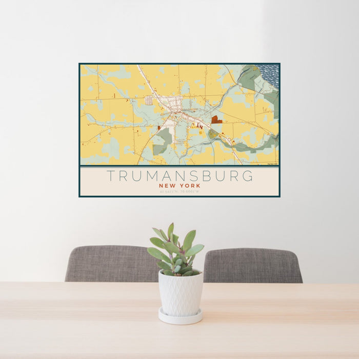 24x36 Trumansburg New York Map Print Lanscape Orientation in Woodblock Style Behind 2 Chairs Table and Potted Plant