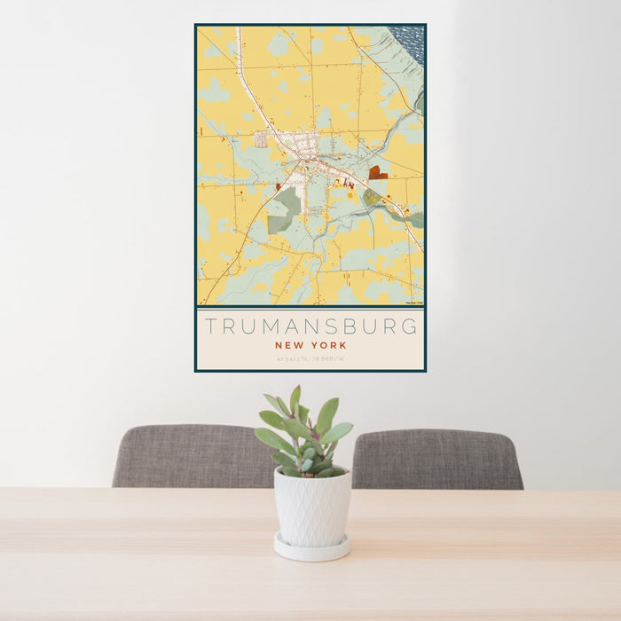 24x36 Trumansburg New York Map Print Portrait Orientation in Woodblock Style Behind 2 Chairs Table and Potted Plant