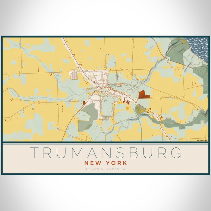 Trumansburg New York Map Print Landscape Orientation in Woodblock Style With Shaded Background