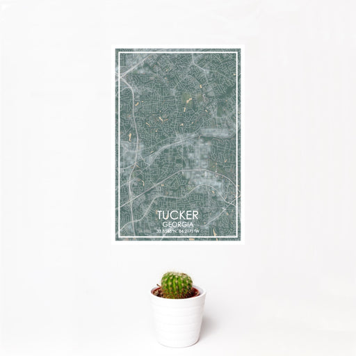 12x18 Tucker Georgia Map Print Portrait Orientation in Afternoon Style With Small Cactus Plant in White Planter