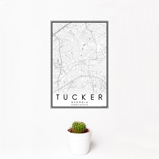 12x18 Tucker Georgia Map Print Portrait Orientation in Classic Style With Small Cactus Plant in White Planter