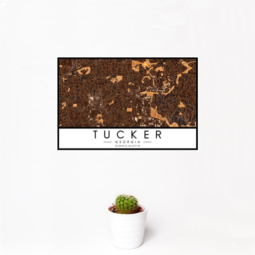 12x18 Tucker Georgia Map Print Landscape Orientation in Ember Style With Small Cactus Plant in White Planter