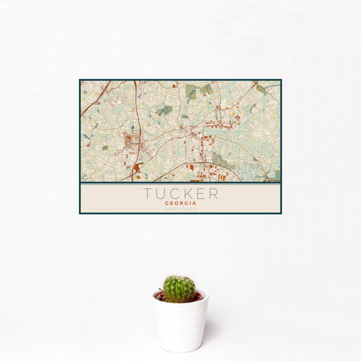 12x18 Tucker Georgia Map Print Landscape Orientation in Woodblock Style With Small Cactus Plant in White Planter