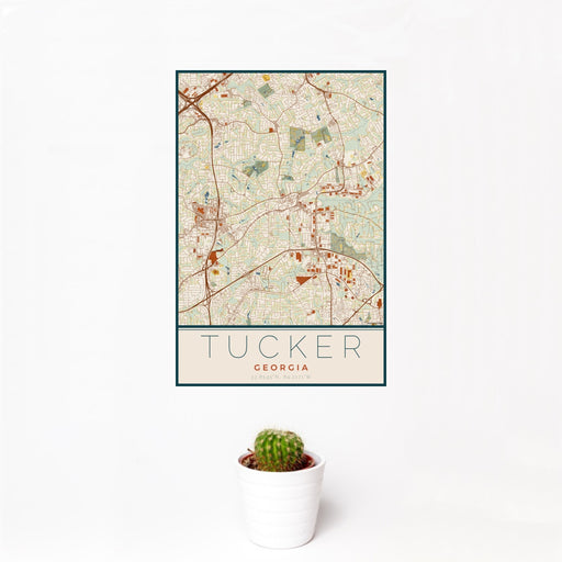 12x18 Tucker Georgia Map Print Portrait Orientation in Woodblock Style With Small Cactus Plant in White Planter