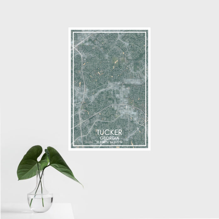 16x24 Tucker Georgia Map Print Portrait Orientation in Afternoon Style With Tropical Plant Leaves in Water