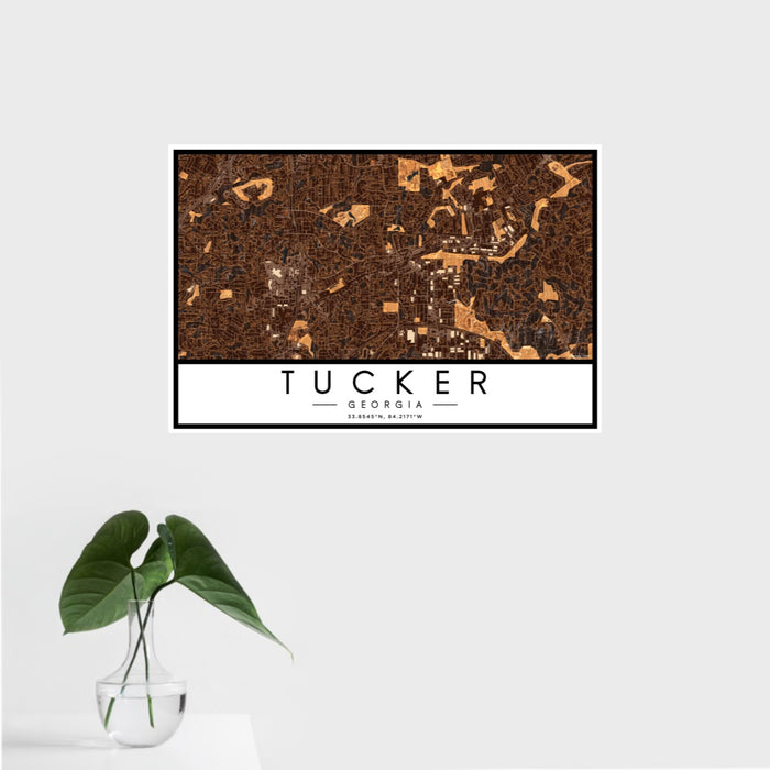 16x24 Tucker Georgia Map Print Landscape Orientation in Ember Style With Tropical Plant Leaves in Water