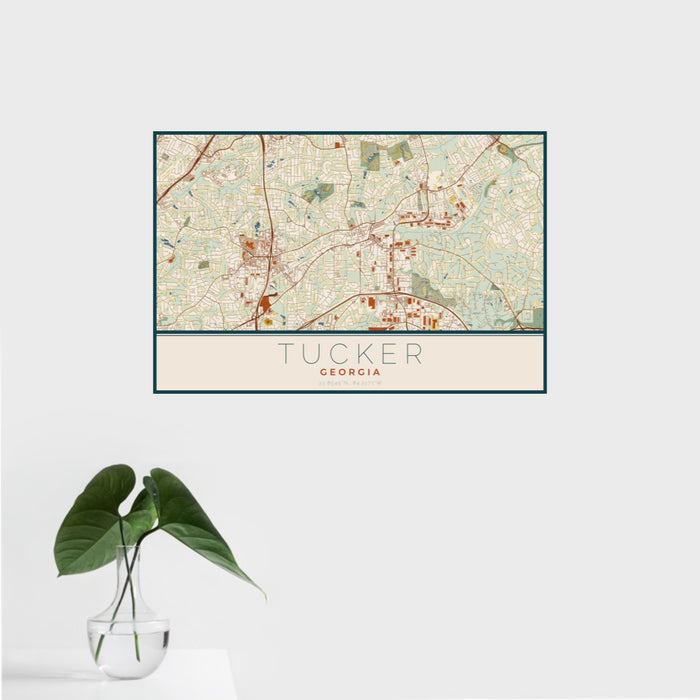 16x24 Tucker Georgia Map Print Landscape Orientation in Woodblock Style With Tropical Plant Leaves in Water