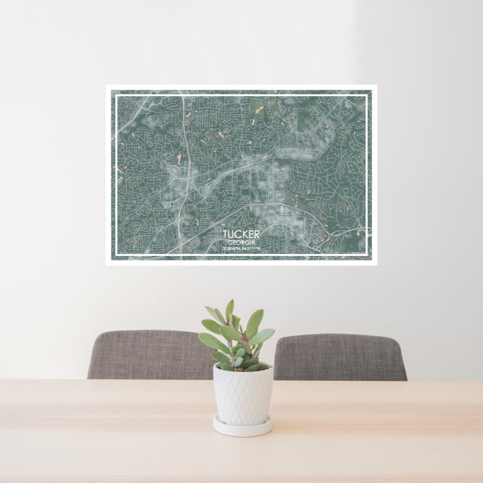 24x36 Tucker Georgia Map Print Lanscape Orientation in Afternoon Style Behind 2 Chairs Table and Potted Plant
