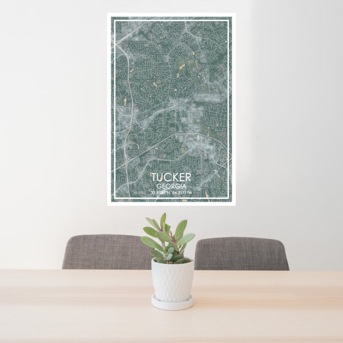 24x36 Tucker Georgia Map Print Portrait Orientation in Afternoon Style Behind 2 Chairs Table and Potted Plant