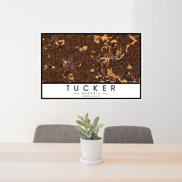 24x36 Tucker Georgia Map Print Lanscape Orientation in Ember Style Behind 2 Chairs Table and Potted Plant