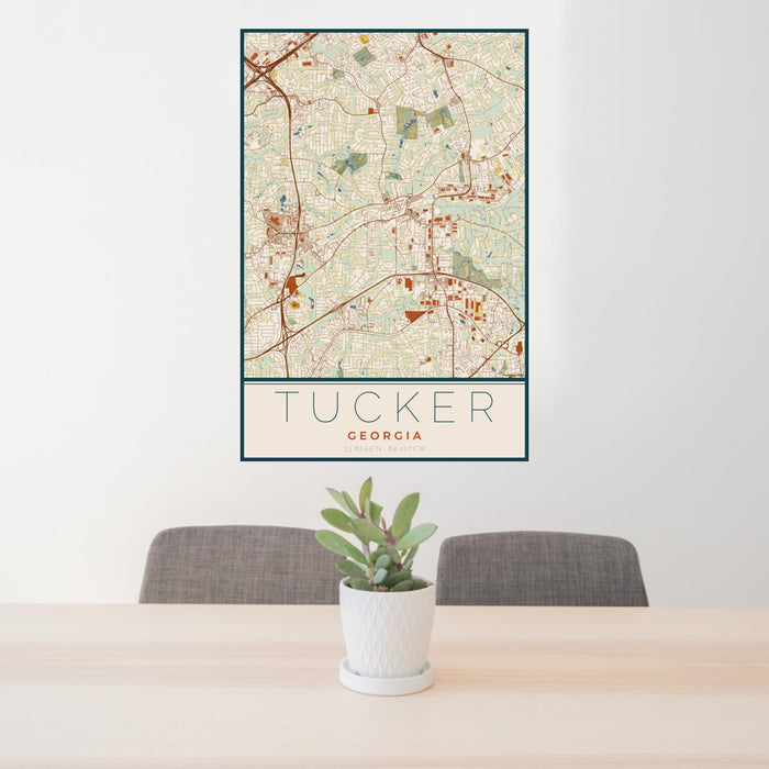 24x36 Tucker Georgia Map Print Portrait Orientation in Woodblock Style Behind 2 Chairs Table and Potted Plant