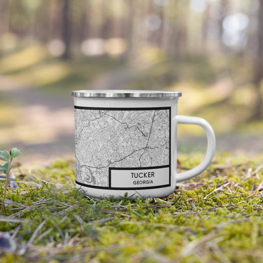 Right View Custom Tucker Georgia Map Enamel Mug in Classic on Grass With Trees in Background