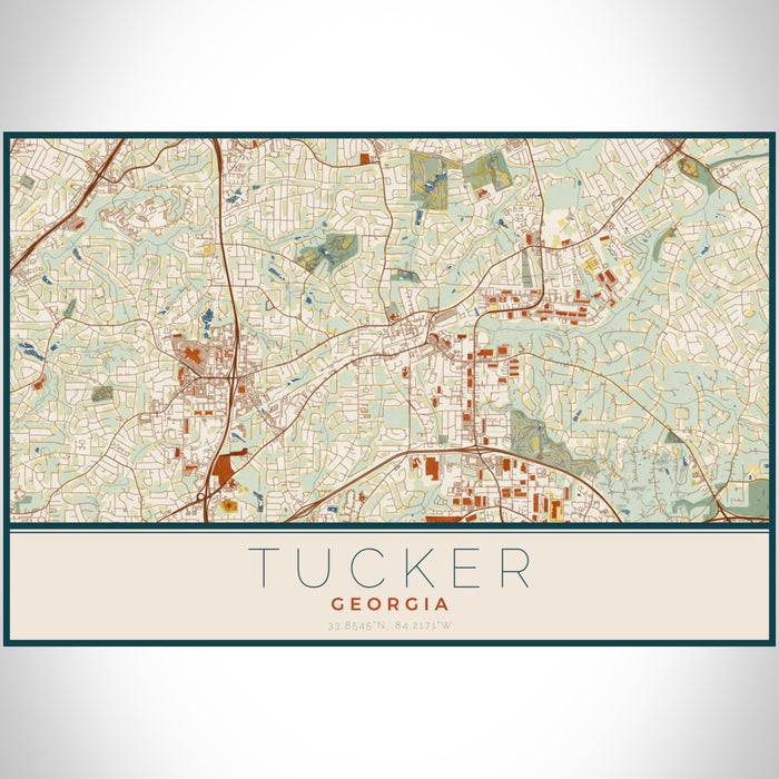 Tucker Georgia Map Print Landscape Orientation in Woodblock Style With Shaded Background
