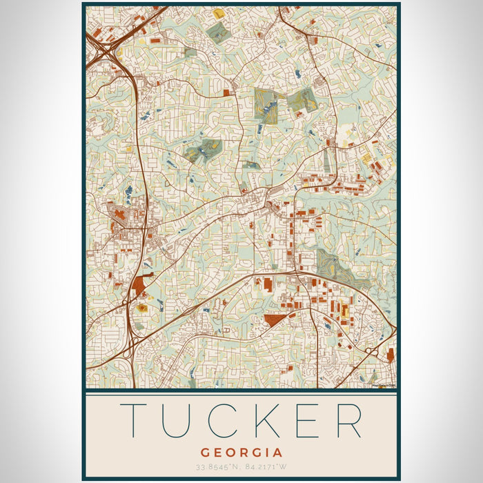 Tucker Georgia Map Print Portrait Orientation in Woodblock Style With Shaded Background