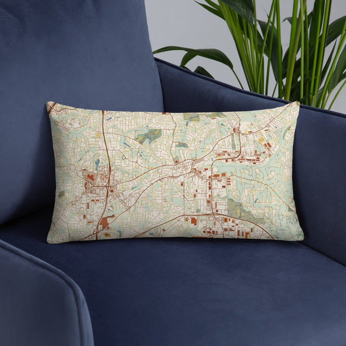 Custom Tucker Georgia Map Throw Pillow in Woodblock on Blue Colored Chair