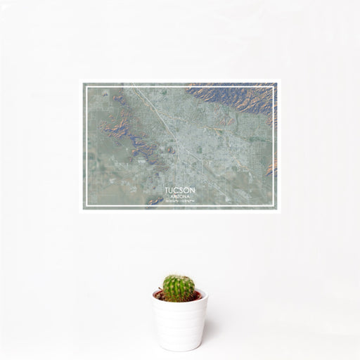 12x18 Tucson Arizona Map Print Landscape Orientation in Afternoon Style With Small Cactus Plant in White Planter