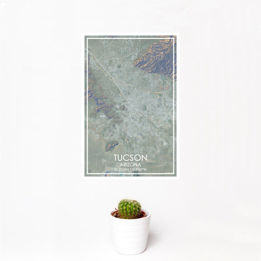 12x18 Tucson Arizona Map Print Portrait Orientation in Afternoon Style With Small Cactus Plant in White Planter