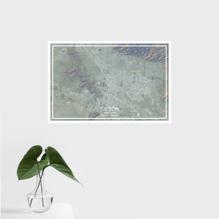16x24 Tucson Arizona Map Print Landscape Orientation in Afternoon Style With Tropical Plant Leaves in Water