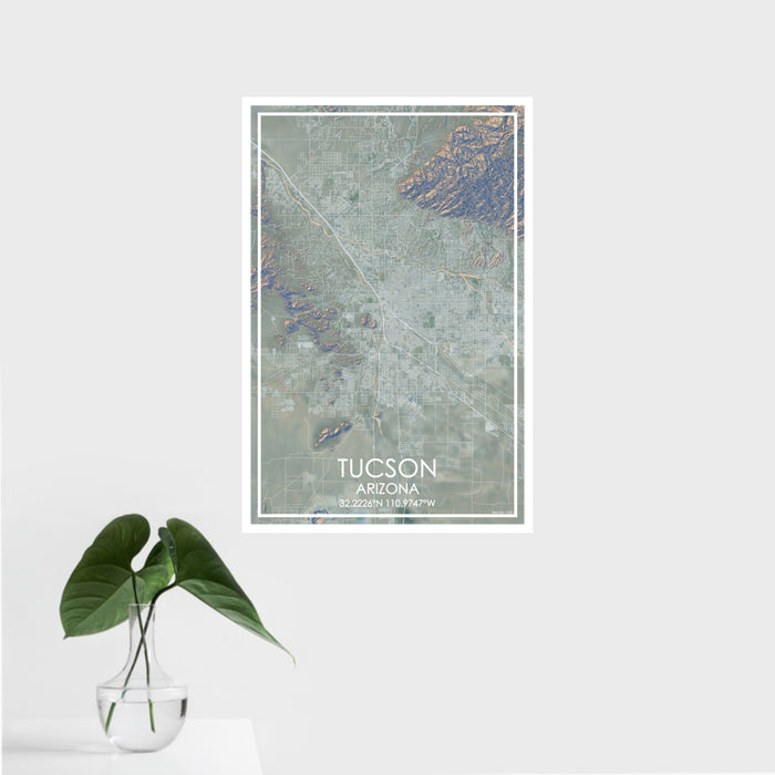 16x24 Tucson Arizona Map Print Portrait Orientation in Afternoon Style With Tropical Plant Leaves in Water
