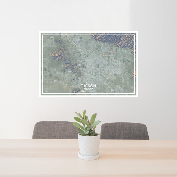 24x36 Tucson Arizona Map Print Lanscape Orientation in Afternoon Style Behind 2 Chairs Table and Potted Plant