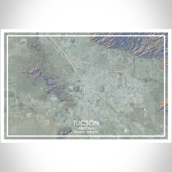 Tucson Arizona Map Print Landscape Orientation in Afternoon Style With Shaded Background