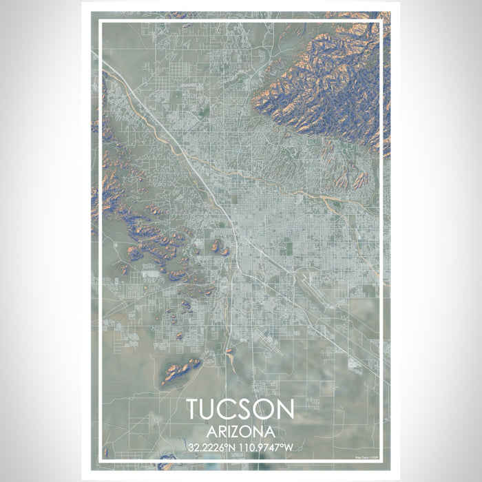Tucson Arizona Map Print Portrait Orientation in Afternoon Style With Shaded Background
