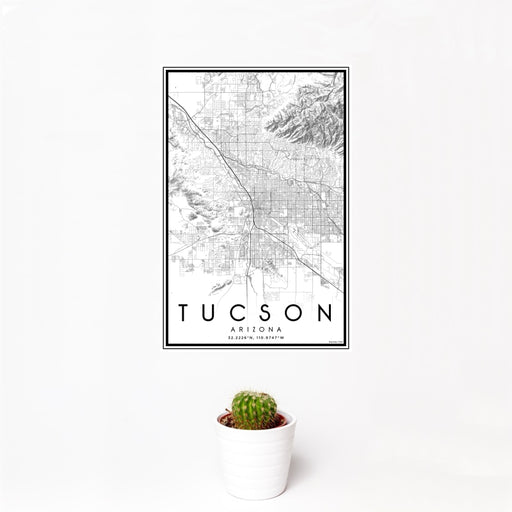 12x18 Tucson Arizona Map Print Portrait Orientation in Classic Style With Small Cactus Plant in White Planter
