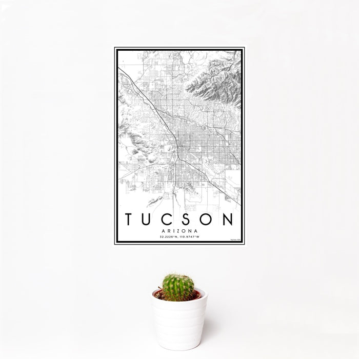 12x18 Tucson Arizona Map Print Portrait Orientation in Classic Style With Small Cactus Plant in White Planter
