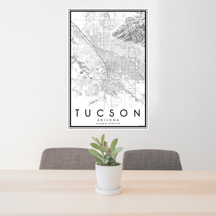 24x36 Tucson Arizona Map Print Portrait Orientation in Classic Style Behind 2 Chairs Table and Potted Plant