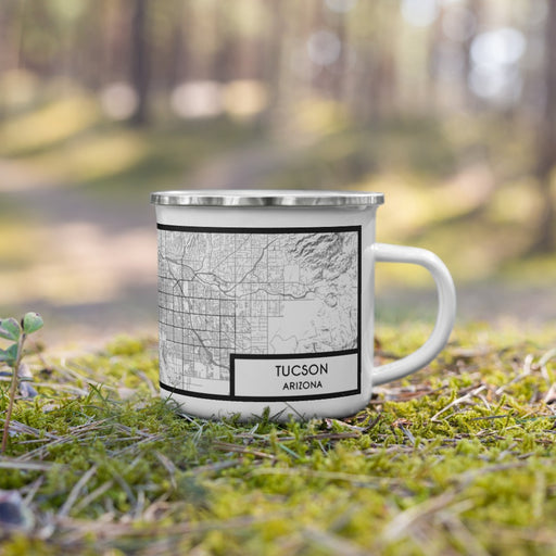Right View Custom Tucson Arizona Map Enamel Mug in Classic on Grass With Trees in Background