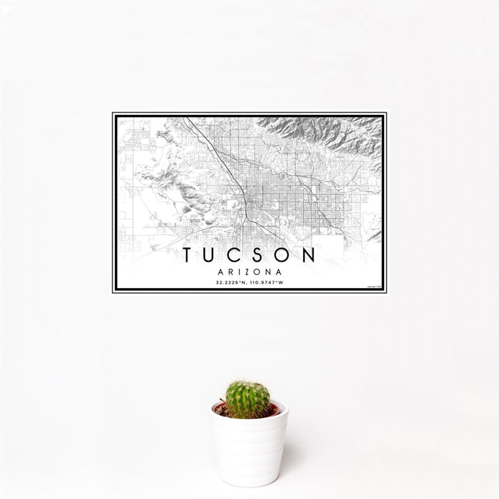 12x18 Tucson Arizona Map Print Landscape Orientation in Classic Style With Small Cactus Plant in White Planter