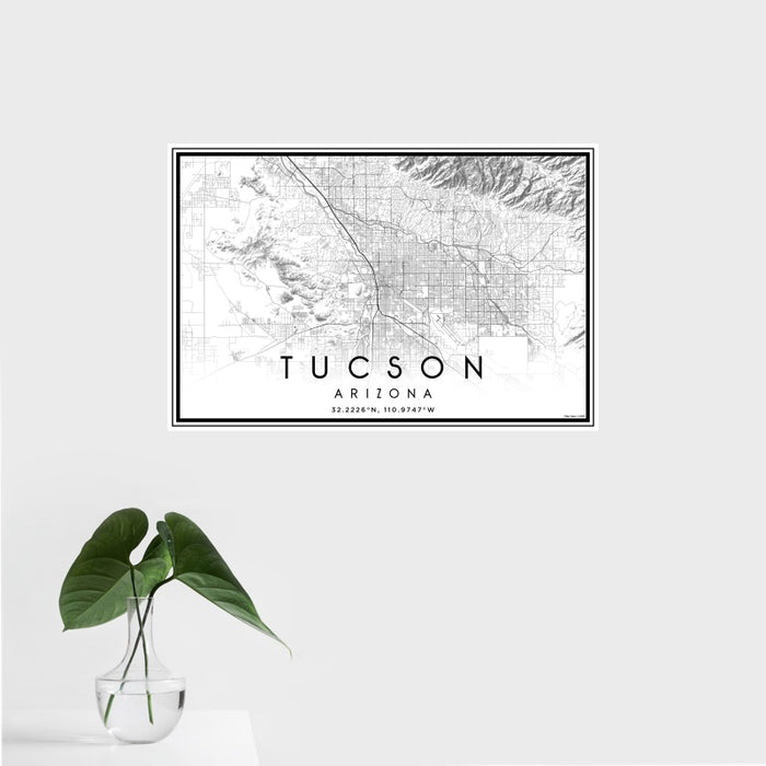 16x24 Tucson Arizona Map Print Landscape Orientation in Classic Style With Tropical Plant Leaves in Water