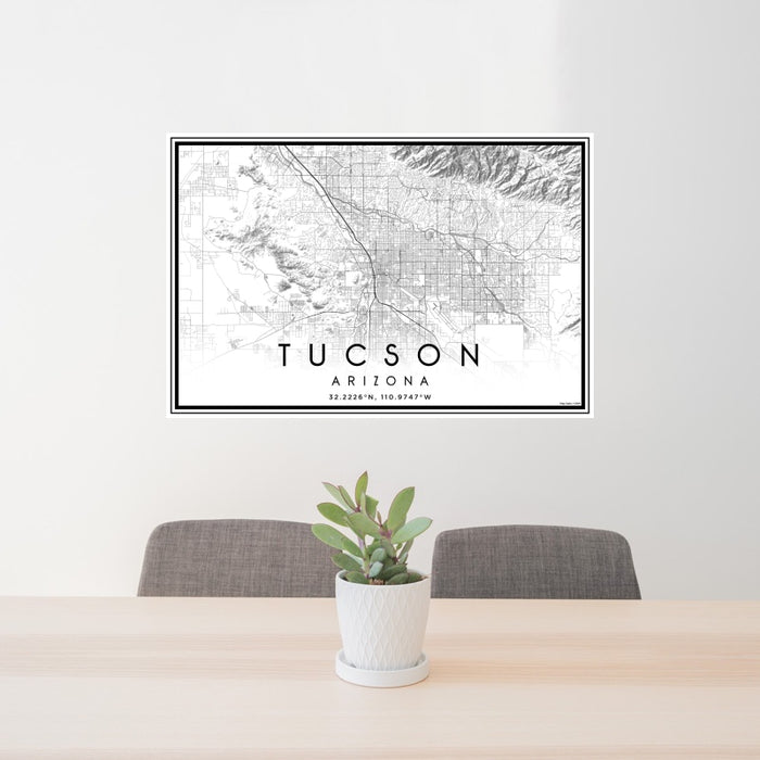 24x36 Tucson Arizona Map Print Landscape Orientation in Classic Style Behind 2 Chairs Table and Potted Plant