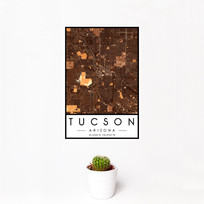 12x18 Tucson Arizona Map Print Portrait Orientation in Ember Style With Small Cactus Plant in White Planter