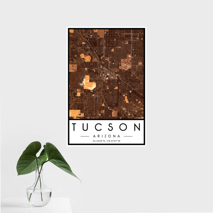 16x24 Tucson Arizona Map Print Portrait Orientation in Ember Style With Tropical Plant Leaves in Water
