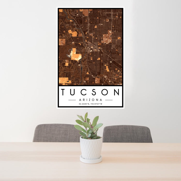 24x36 Tucson Arizona Map Print Portrait Orientation in Ember Style Behind 2 Chairs Table and Potted Plant