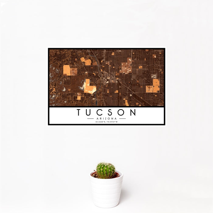 12x18 Tucson Arizona Map Print Landscape Orientation in Ember Style With Small Cactus Plant in White Planter