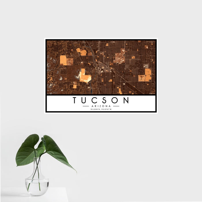 16x24 Tucson Arizona Map Print Landscape Orientation in Ember Style With Tropical Plant Leaves in Water