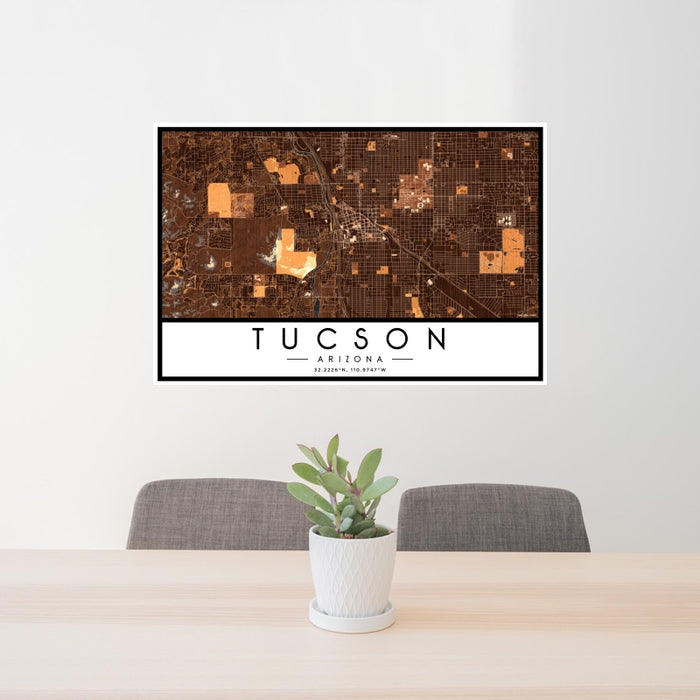 24x36 Tucson Arizona Map Print Landscape Orientation in Ember Style Behind 2 Chairs Table and Potted Plant