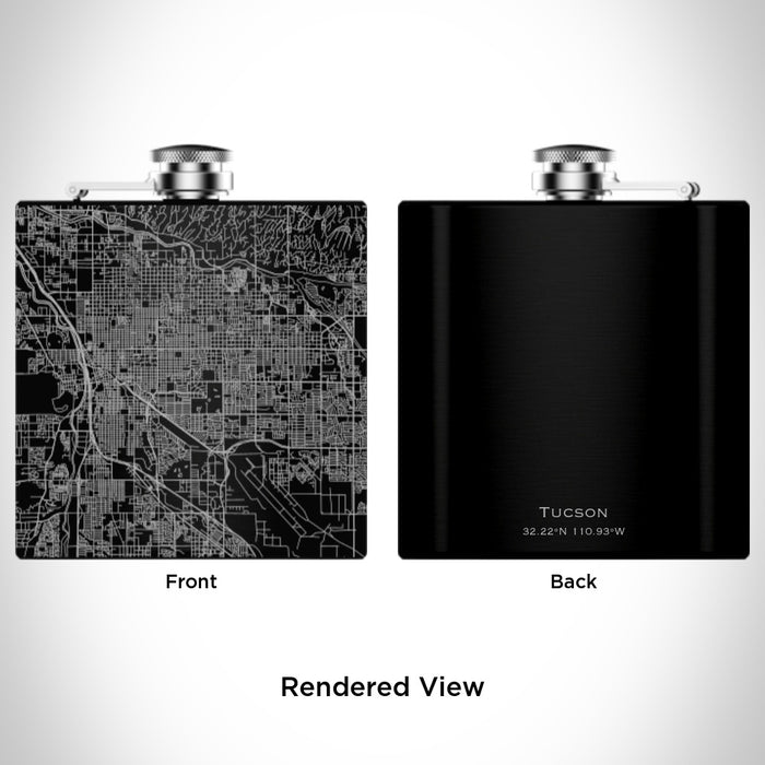 Rendered View of Tucson Arizona Map Engraving on 6oz Stainless Steel Flask in Black