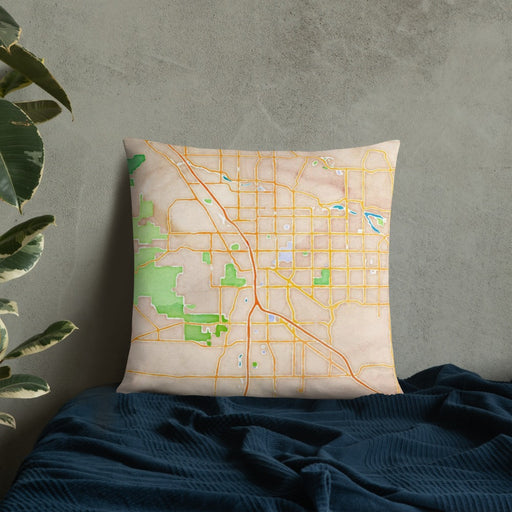 Custom Tucson Arizona Map Throw Pillow in Watercolor on Bedding Against Wall