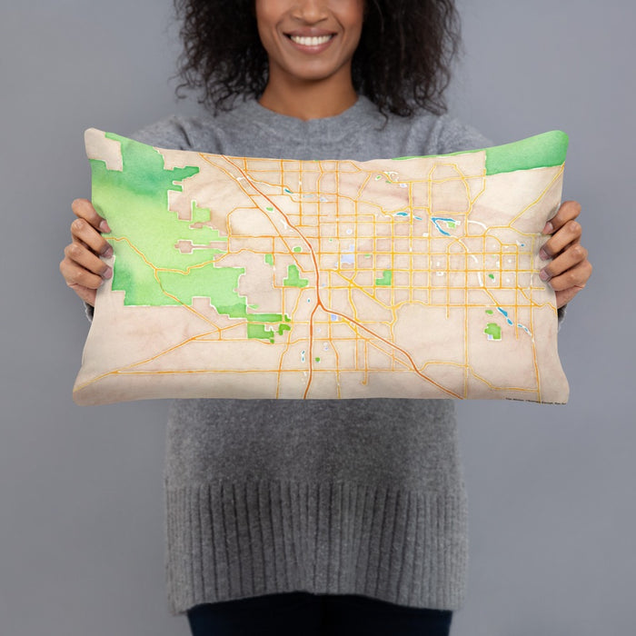 Person holding 20x12 Custom Tucson Arizona Map Throw Pillow in Watercolor