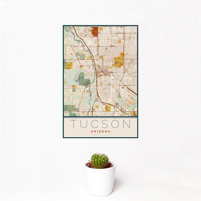 12x18 Tucson Arizona Map Print Portrait Orientation in Woodblock Style With Small Cactus Plant in White Planter