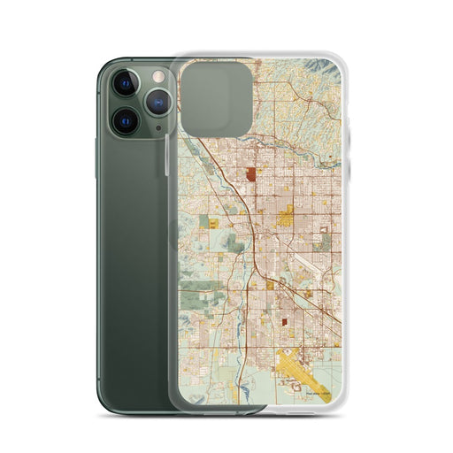 Custom Tucson Arizona Map Phone Case in Woodblock on Table with Laptop and Plant