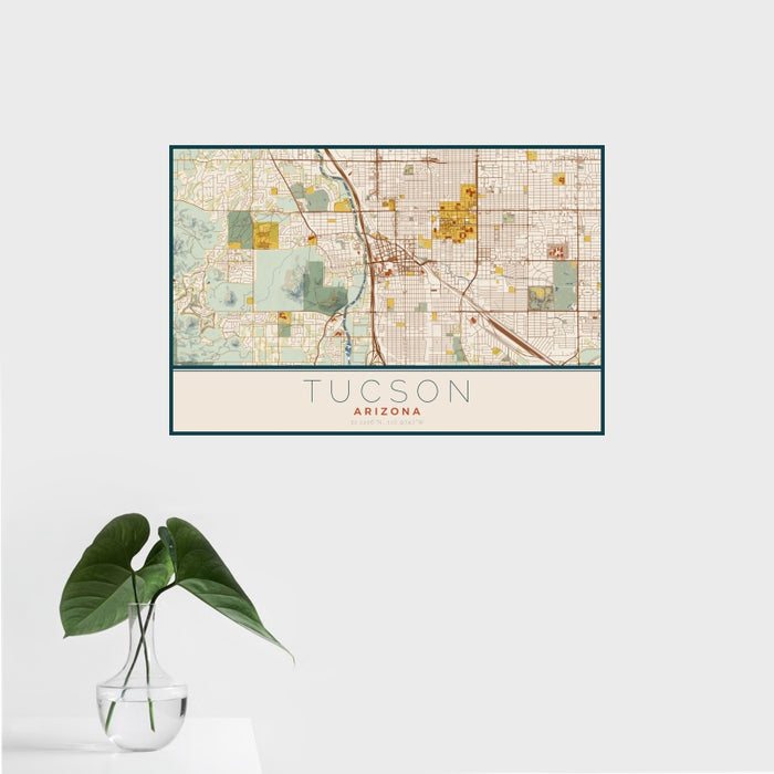 16x24 Tucson Arizona Map Print Landscape Orientation in Woodblock Style With Tropical Plant Leaves in Water